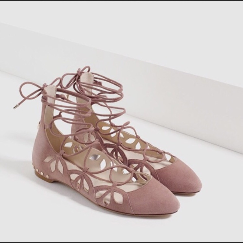 🌷Zara New Blush Studded Laced Suede Flats 🌷